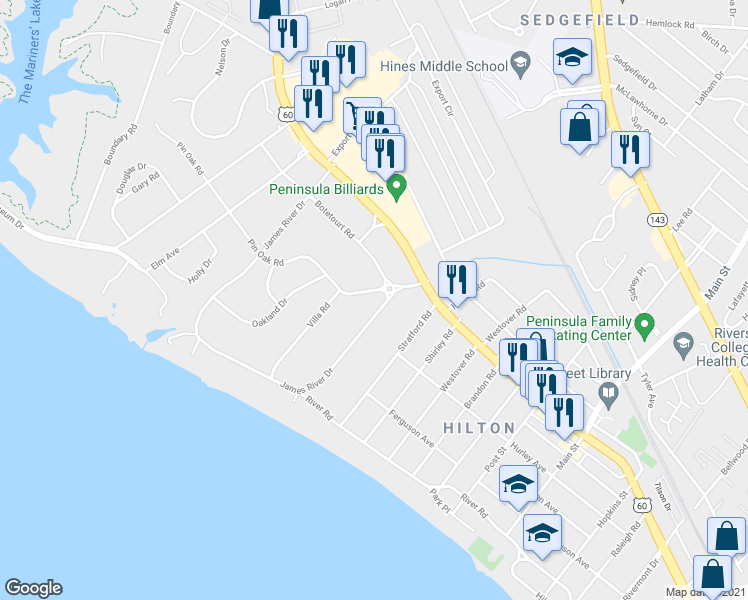map of restaurants, bars, coffee shops, grocery stores, and more near 105 James River Drive in Newport News
