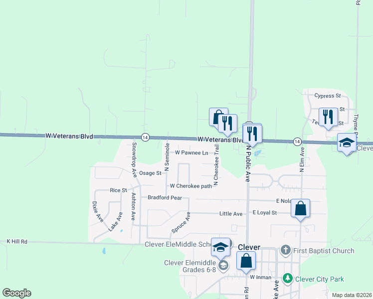 map of restaurants, bars, coffee shops, grocery stores, and more near 410 Choctaw in Clever