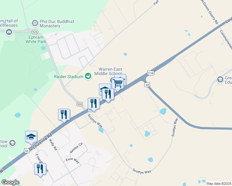 map of restaurants, bars, coffee shops, grocery stores, and more near 6867 Louisville Road in Bowling Green