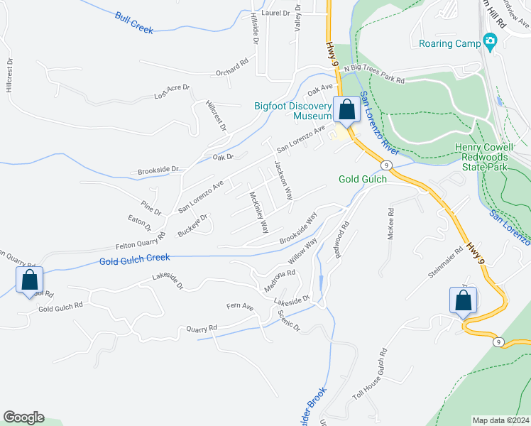 map of restaurants, bars, coffee shops, grocery stores, and more near 485 Manzanita Avenue in Felton