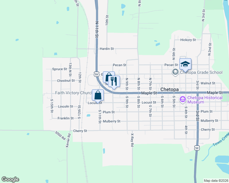 map of restaurants, bars, coffee shops, grocery stores, and more near 918 Maple Street in Chetopa