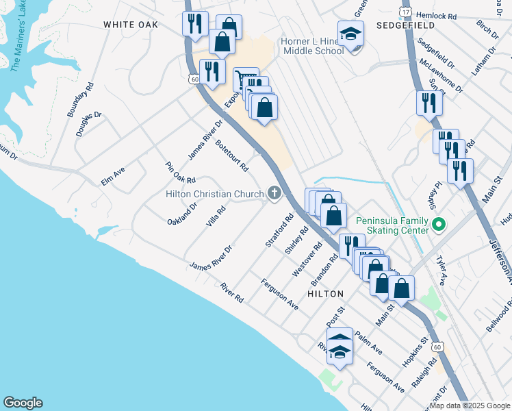 map of restaurants, bars, coffee shops, grocery stores, and more near 105 James River Drive in Newport News