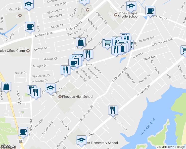 map of restaurants, bars, coffee shops, grocery stores, and more near 503 Marion Road in Hampton
