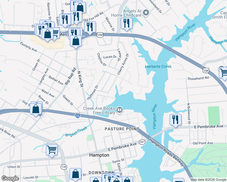 map of restaurants, bars, coffee shops, grocery stores, and more near 150 Eberly Terrace in Hampton