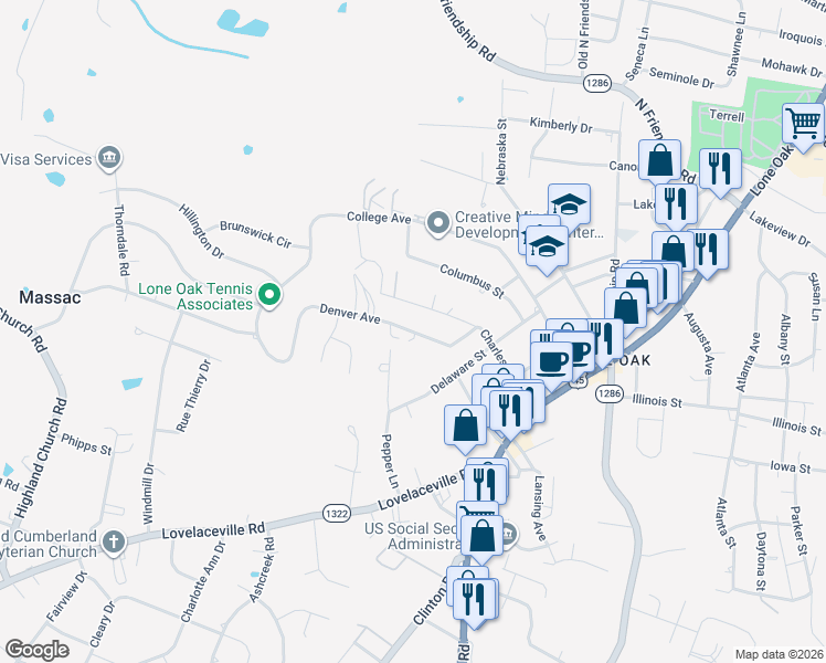 map of restaurants, bars, coffee shops, grocery stores, and more near 517-521 Denver Ave in Paducah