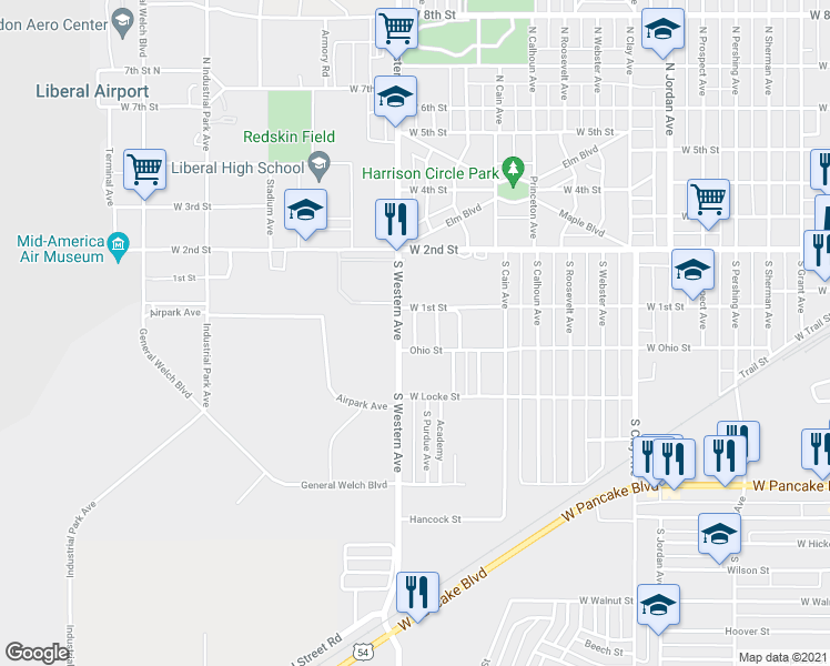 map of restaurants, bars, coffee shops, grocery stores, and more near 199 Purdue Avenue in Liberal