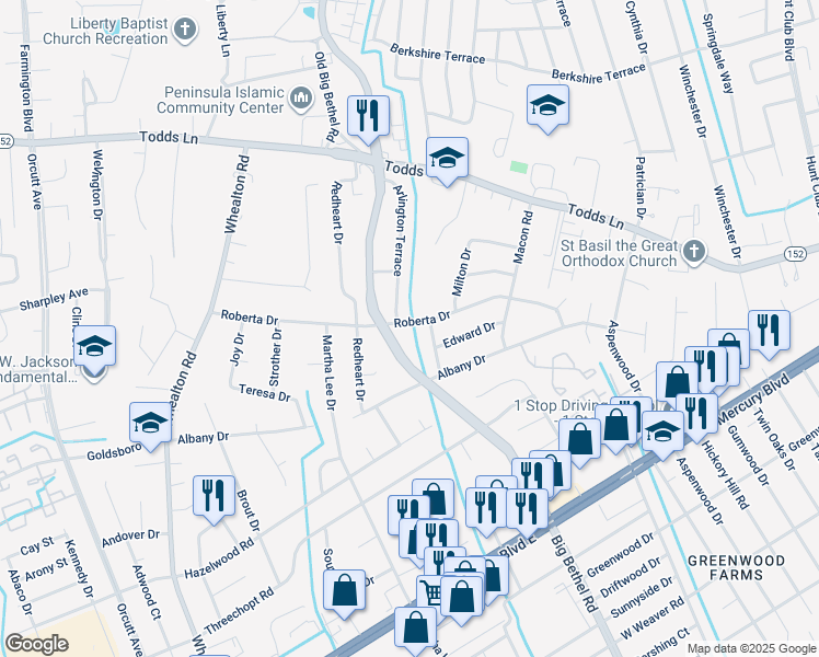 map of restaurants, bars, coffee shops, grocery stores, and more near 106 Roberta Drive in Hampton