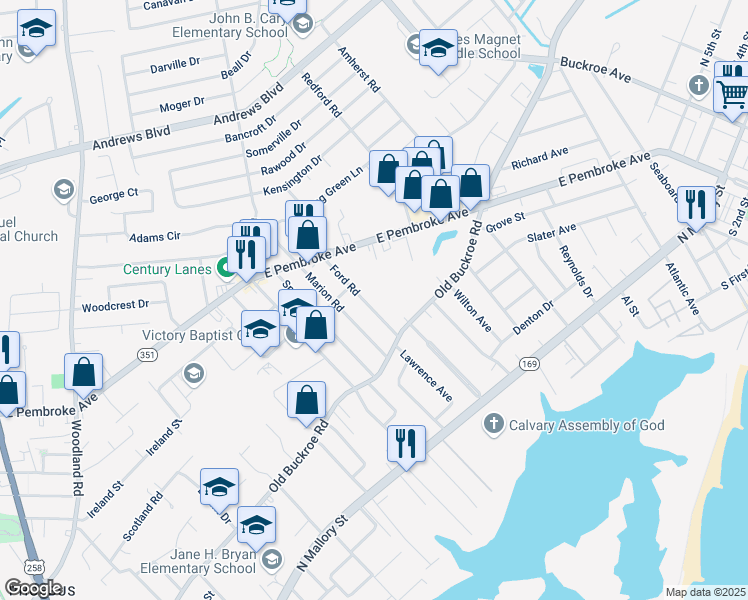 map of restaurants, bars, coffee shops, grocery stores, and more near 426 Marion Road in Hampton