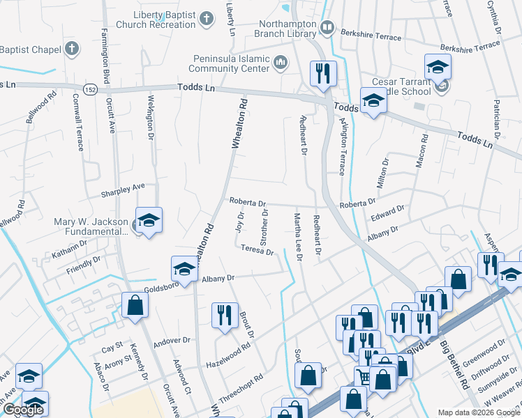 map of restaurants, bars, coffee shops, grocery stores, and more near 461 Strother Drive in Hampton