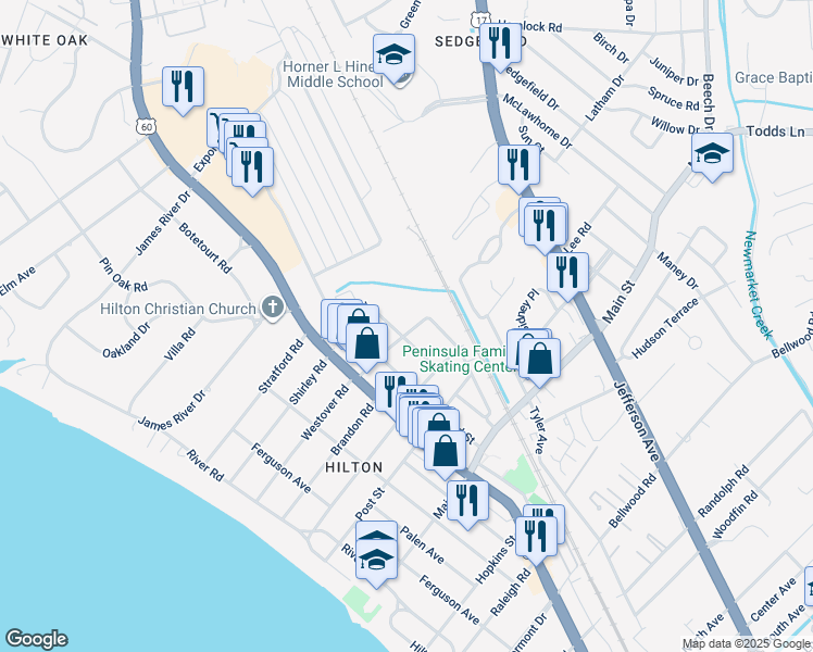 map of restaurants, bars, coffee shops, grocery stores, and more near 506 Hamlin Street in Newport News