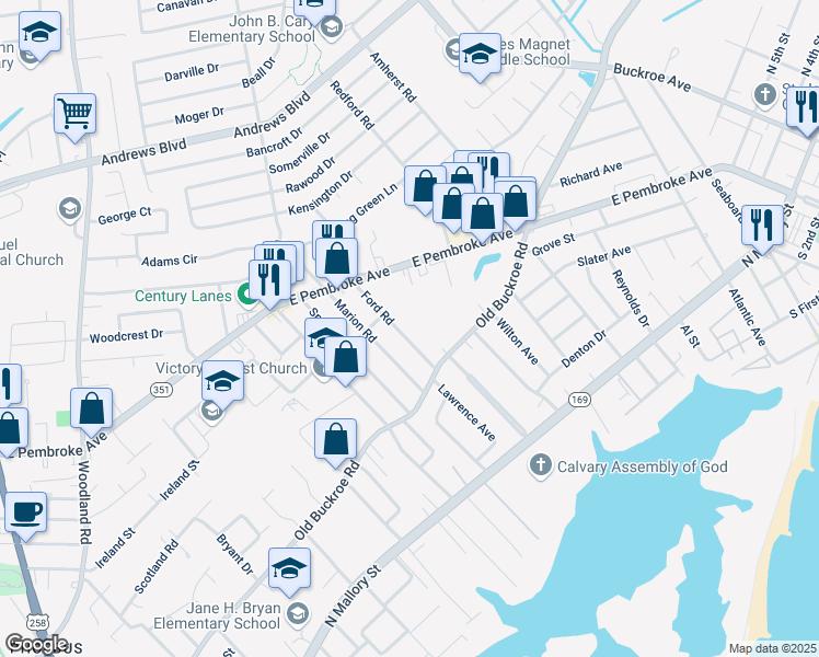 map of restaurants, bars, coffee shops, grocery stores, and more near 426 Marion Road in Hampton