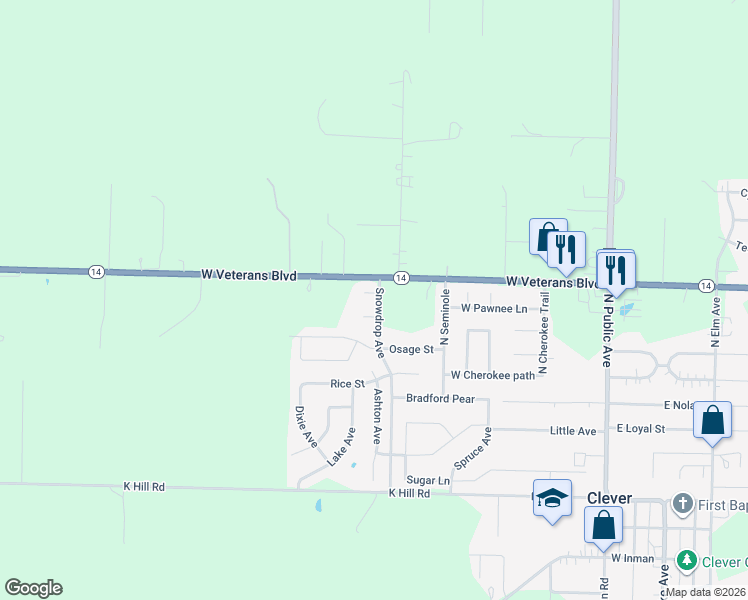 map of restaurants, bars, coffee shops, grocery stores, and more near 604 West Kimberly Court in Clever