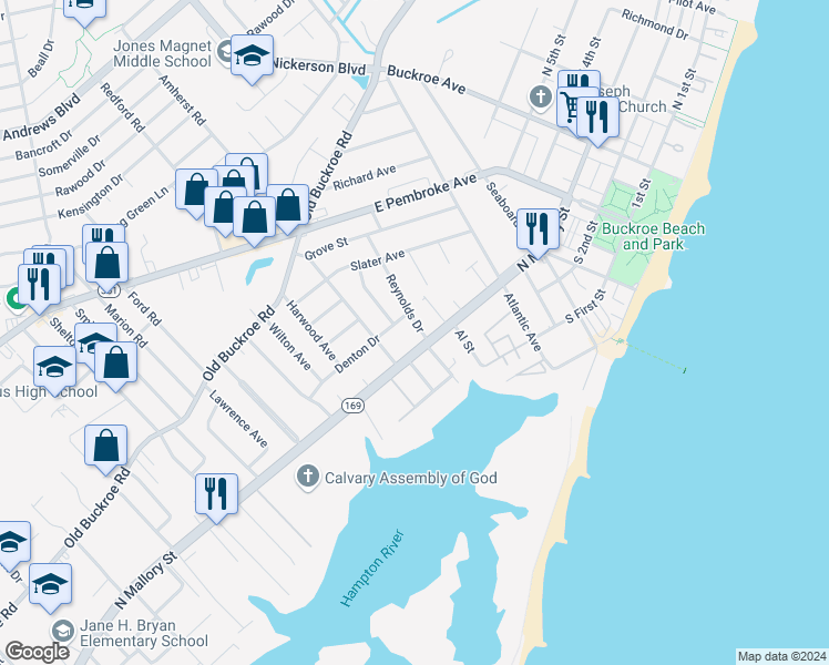 map of restaurants, bars, coffee shops, grocery stores, and more near 3 Reynolds Drive in Hampton