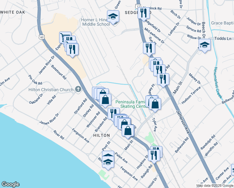 map of restaurants, bars, coffee shops, grocery stores, and more near 506 Hamlin Street in Newport News
