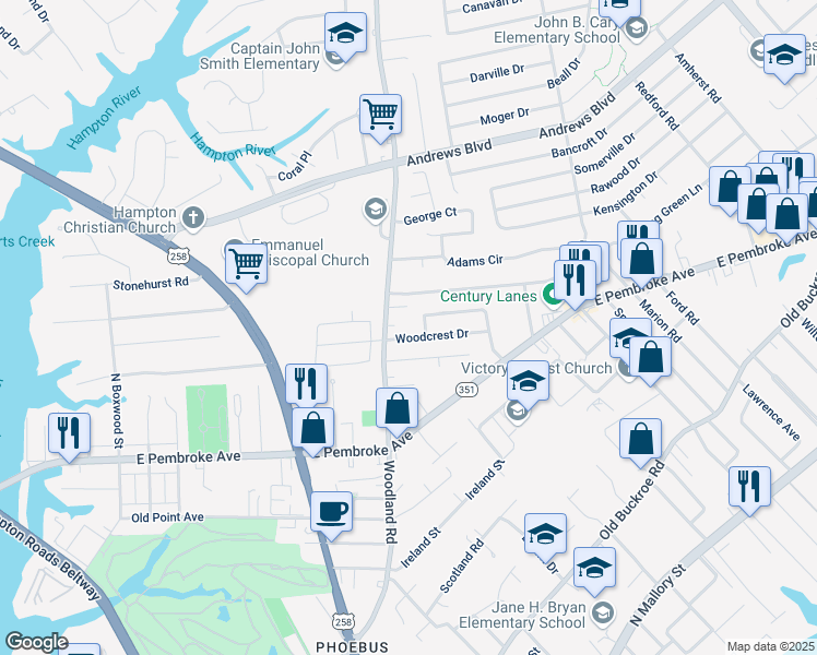 map of restaurants, bars, coffee shops, grocery stores, and more near 1402 Woodcrest Drive in Hampton