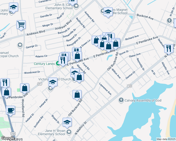 map of restaurants, bars, coffee shops, grocery stores, and more near 435 Ford Road in Hampton