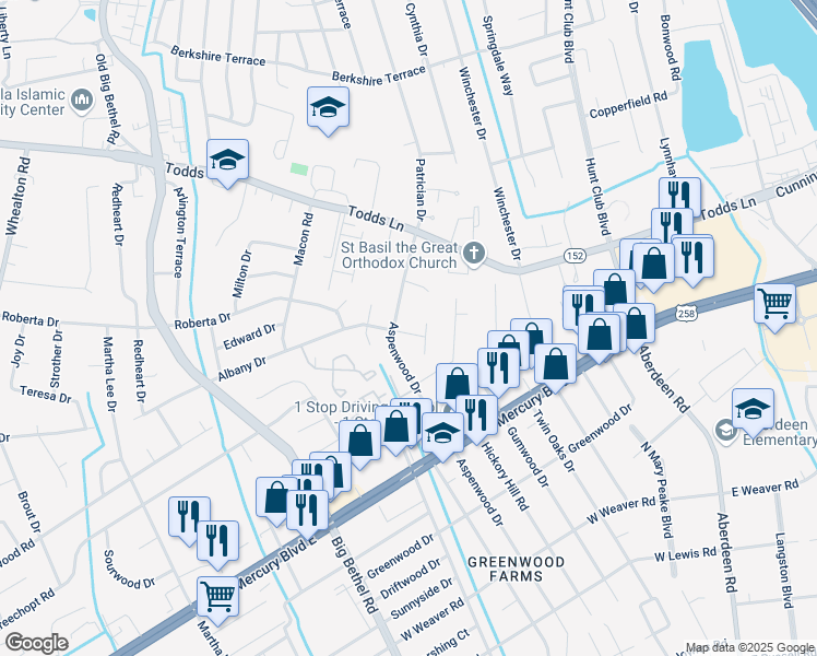 map of restaurants, bars, coffee shops, grocery stores, and more near 249 Albany Drive in Hampton