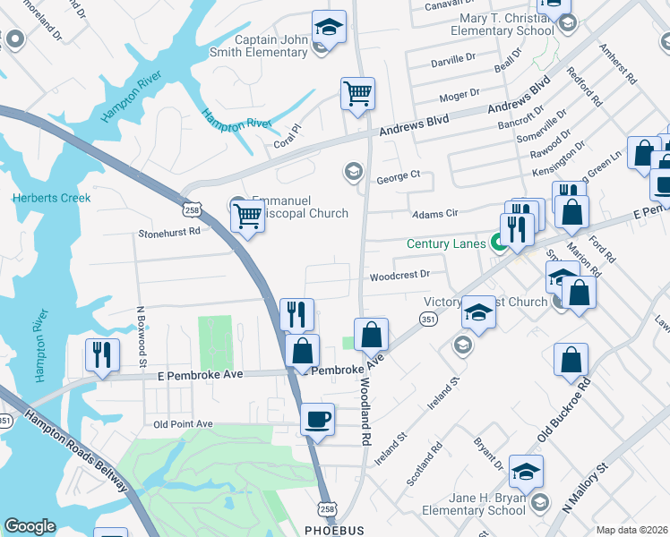 map of restaurants, bars, coffee shops, grocery stores, and more near 1312 Woodcrest Drive in Hampton