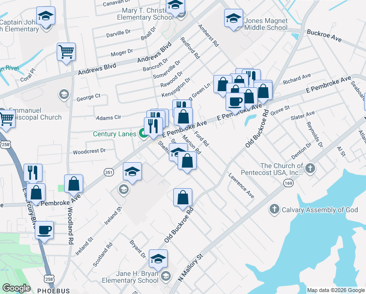 map of restaurants, bars, coffee shops, grocery stores, and more near 508 Shelton Road in Hampton