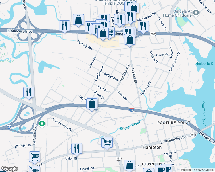 map of restaurants, bars, coffee shops, grocery stores, and more near 1025 Quash Street in Hampton