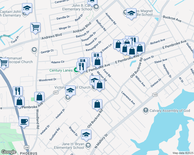 map of restaurants, bars, coffee shops, grocery stores, and more near 512 Smiley Road in Hampton
