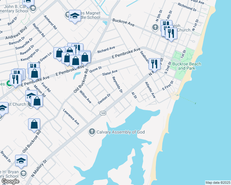 map of restaurants, bars, coffee shops, grocery stores, and more near 1532 Denton Drive in Hampton