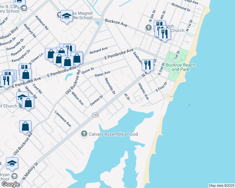 map of restaurants, bars, coffee shops, grocery stores, and more near 3 Seaview Drive in Hampton