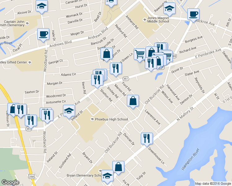 map of restaurants, bars, coffee shops, grocery stores, and more near 508 Shelton Road in Hampton