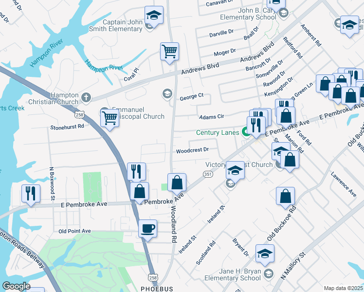 map of restaurants, bars, coffee shops, grocery stores, and more near 1402 Woodcrest Drive in Hampton