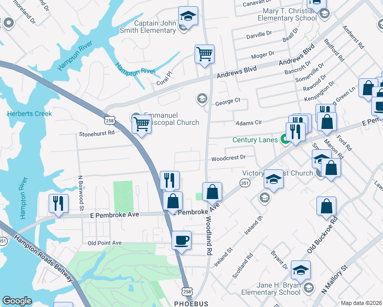 map of restaurants, bars, coffee shops, grocery stores, and more near 1312 Woodcrest Drive in Hampton