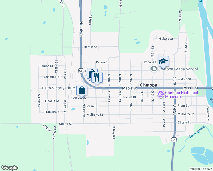 map of restaurants, bars, coffee shops, grocery stores, and more near 918-934 Maple Street in Chetopa