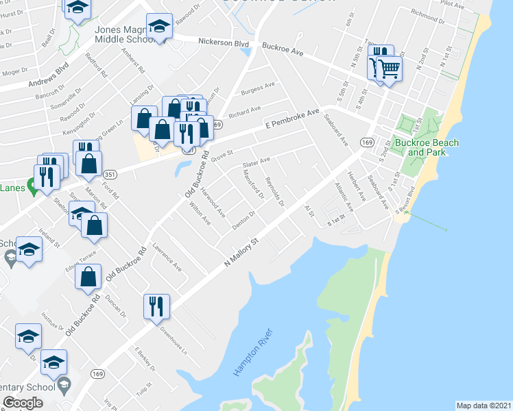 map of restaurants, bars, coffee shops, grocery stores, and more near 1529 Denton Drive in Hampton
