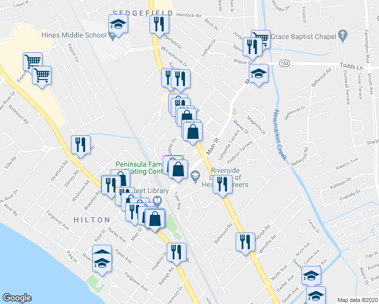 map of restaurants, bars, coffee shops, grocery stores, and more near 230 Village Parkway in Newport News