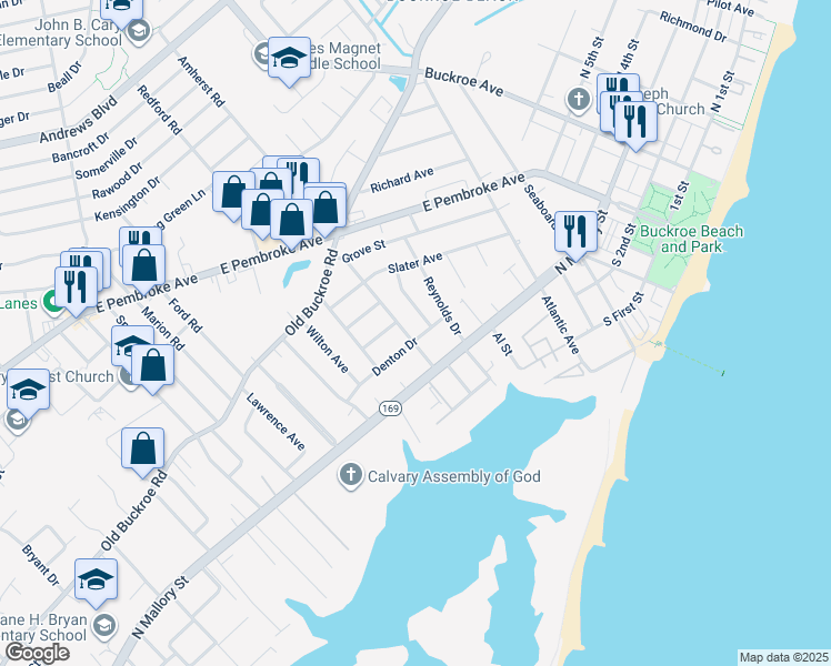 map of restaurants, bars, coffee shops, grocery stores, and more near 1529 Denton Drive in Hampton