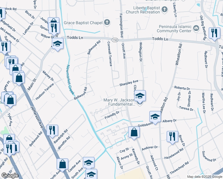 map of restaurants, bars, coffee shops, grocery stores, and more near 837 Sharpley Avenue in Hampton