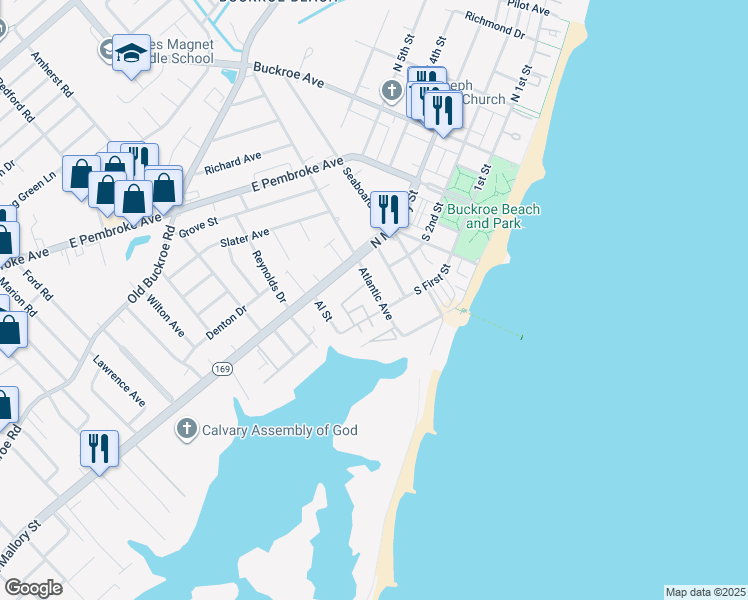 map of restaurants, bars, coffee shops, grocery stores, and more near 205 Atlantic Avenue in Hampton