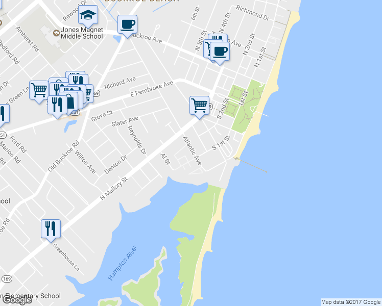 map of restaurants, bars, coffee shops, grocery stores, and more near 205 Atlantic Avenue in Hampton