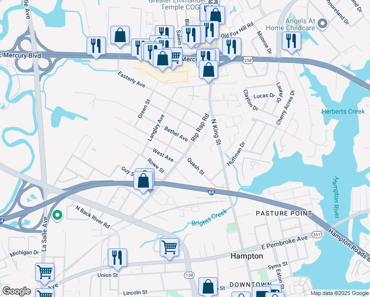 map of restaurants, bars, coffee shops, grocery stores, and more near 132 Rip Rap Road in Hampton