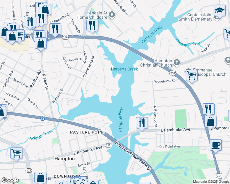 map of restaurants, bars, coffee shops, grocery stores, and more near 230 Dockside Drive in Hampton