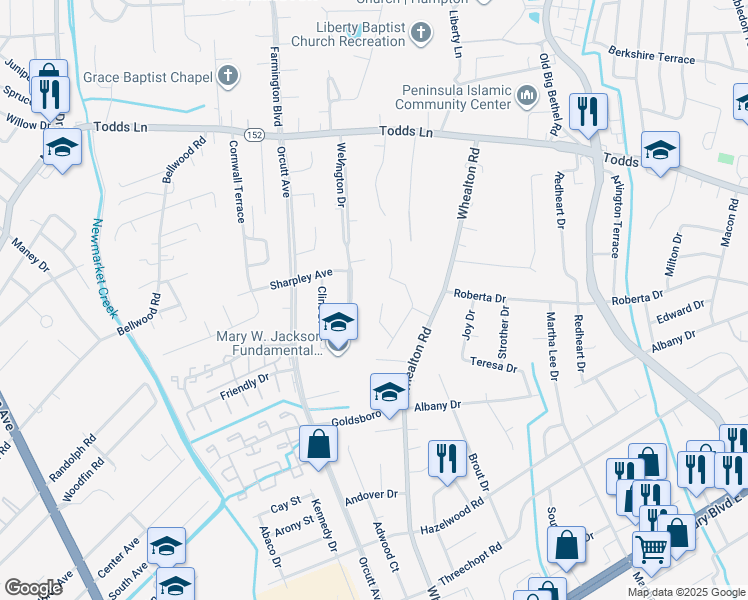 map of restaurants, bars, coffee shops, grocery stores, and more near 13 Cortez Court in Hampton