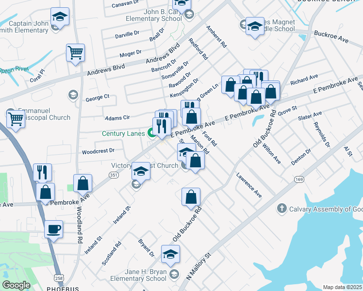 map of restaurants, bars, coffee shops, grocery stores, and more near 527 Marion Road in Hampton