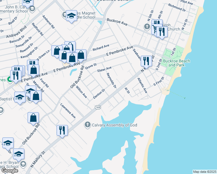 map of restaurants, bars, coffee shops, grocery stores, and more near 1532 Denton Drive in Hampton
