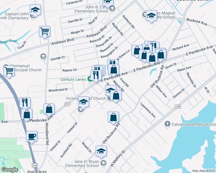 map of restaurants, bars, coffee shops, grocery stores, and more near 527 Marion Road in Hampton
