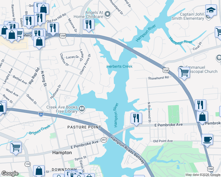 map of restaurants, bars, coffee shops, grocery stores, and more near 230 Dockside Drive in Hampton