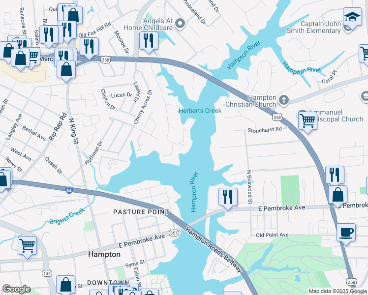 map of restaurants, bars, coffee shops, grocery stores, and more near 230 Dockside Drive in Hampton