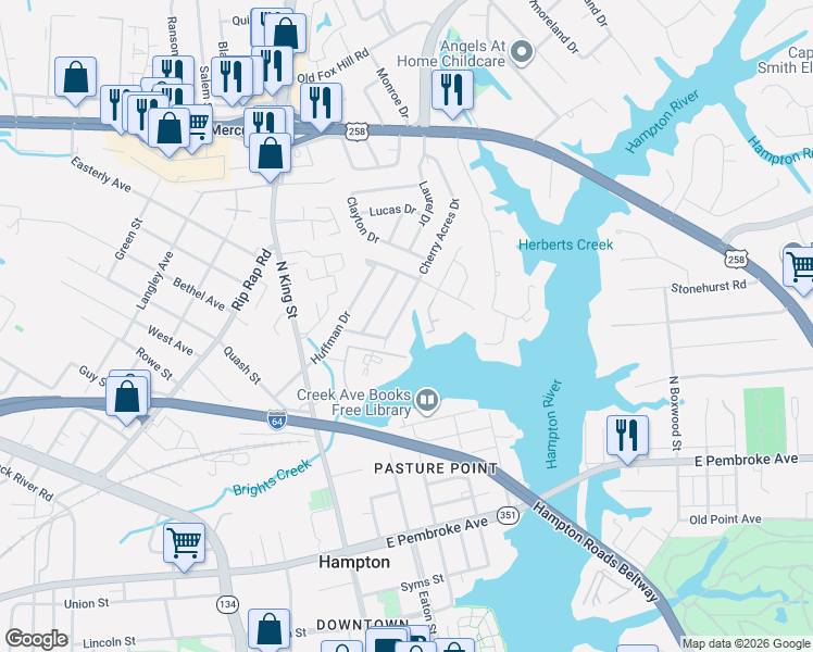 map of restaurants, bars, coffee shops, grocery stores, and more near 114 Eberly Terrace in Hampton
