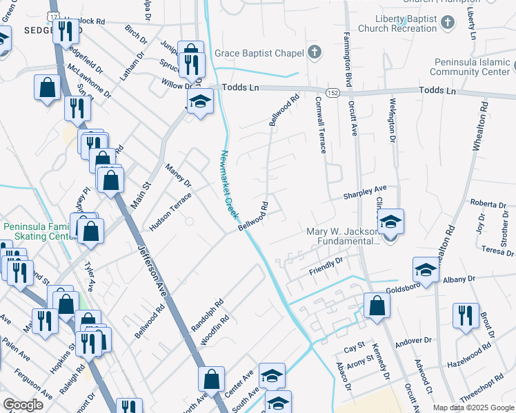 map of restaurants, bars, coffee shops, grocery stores, and more near 727 Bellwood Road in Hampton