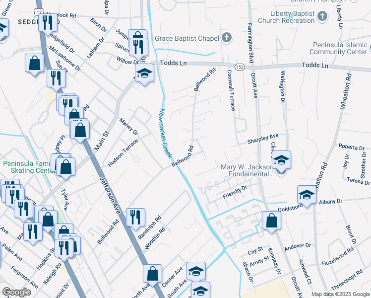 map of restaurants, bars, coffee shops, grocery stores, and more near 727 Bellwood Road in Hampton