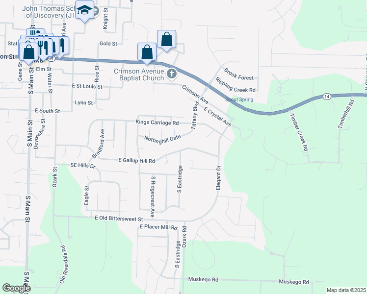 map of restaurants, bars, coffee shops, grocery stores, and more near 747 Gallup Hill Road in Nixa