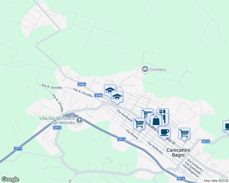 map of restaurants, bars, coffee shops, grocery stores, and more near Via San Nicola in Canicattini Bagni